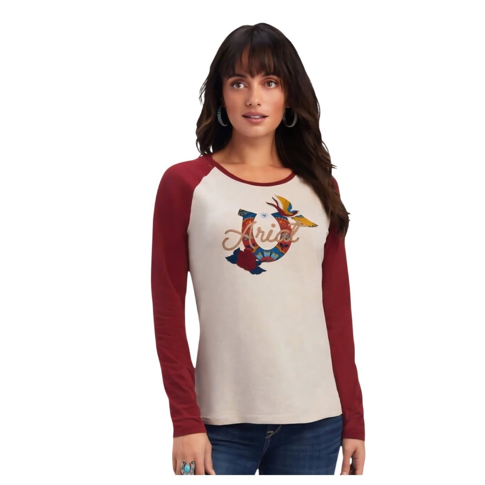 Ariat ReAL Womens Large Baseball Tee Raglan Graphic Horseshoe Bird Burgundy L